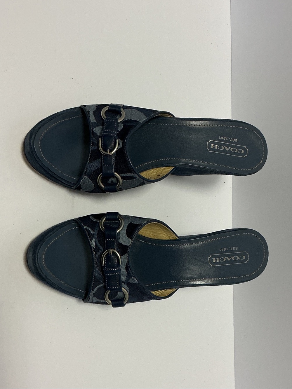 Coach Navy Signature Slide Mules with Metal Horsebit